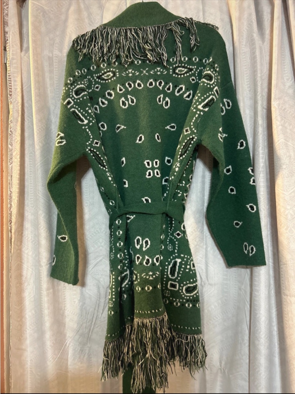 Sugarlips Forest Green Fringe Belted Cardigan with Ivory Accents VGUC - Picture 2 of 3